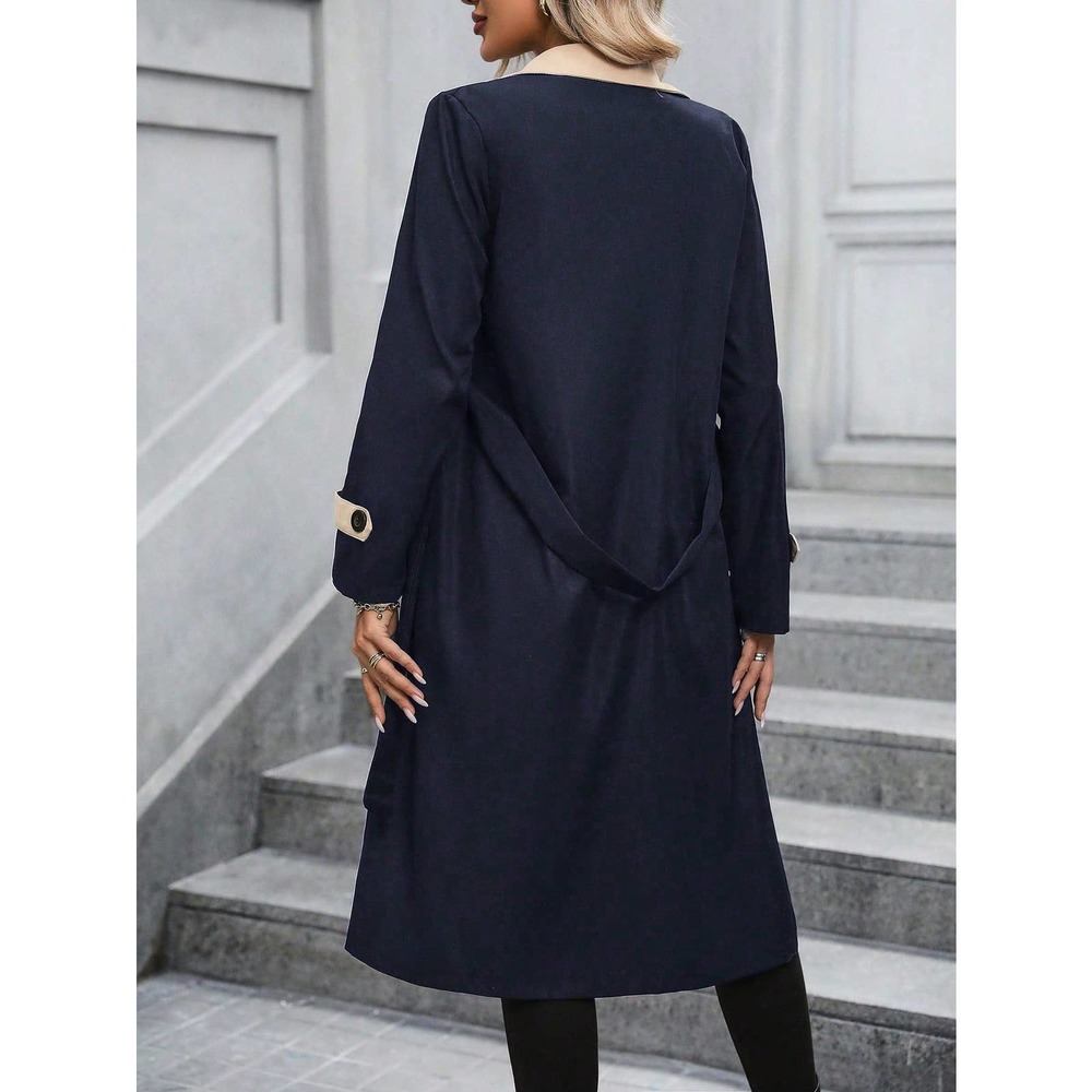 Two Tone Lapel Collar Belted Trench Coat preppy - Picture 8 of 9